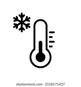 Temperatura fría, mantenga la etiqueta congelada, termómetro negro con la Ilustración vectorial del icono del copo de nieve en el fondo blanco. Signo plano de Clima frío. Almacenamiento en refrigerador y congelador.	