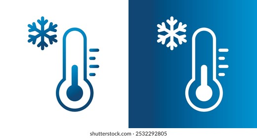 Temperatura fría, mantenga la etiqueta congelada, termómetro azul del gradiente con la Ilustración vectorial del icono del copo de nieve. Signo plano de Clima frío. Almacenamiento en refrigerador y congelador. Fondos blancos y azules.