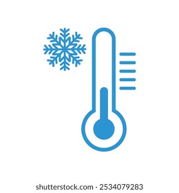 Temperatura fría, mantenga la etiqueta congelada, termómetro azul con la Ilustración vectorial del icono del copo de nieve en el fondo blanco. 