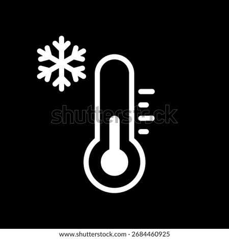 Cold Temperature, Keep Frozen Label, White Thermometer with Snowflake Icon Vector Illustration on Black Background. Cold Weather Flat Sign Inversion. Storage in Refrigerator and Freezer.	