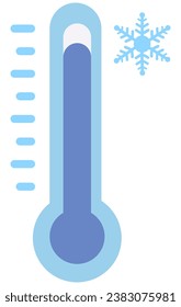 Cold temperature on blue thermometer with snow sign isolated white background.