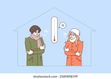 Cold temperature in residential building with shivering man and woman, freezing due to lack of central heating. People suffer because of cold temperatures in apartments and lack of money to heat