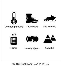 Cold temperature, Snow boots, Snow mobile, Heater, Snow goggles, Snow hill, icon