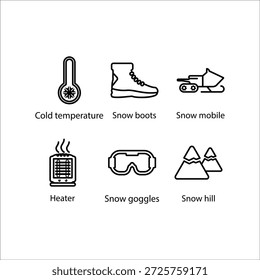 Temperatura fría, botas de nieve, móvil de nieve, calentador, gafas de nieve, colina de nieve, icono