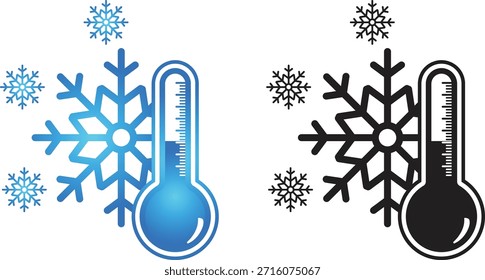 Termómetros de temperatura fría con Ilustración vectorial de copos de nieve, ideales para gráficos climáticos, pronósticos de Clima, símbolos de refrigeración, temas de invierno e ilustraciones técnicas