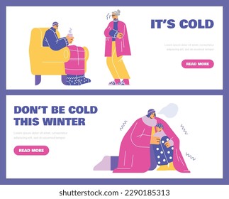 Cold temperature in winter, web banners set - flat vector illustration. Concept of central heating. People are freezing and shivering inside. Low temperature at home.