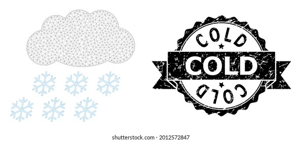 Cold textured seal print and vector snow cloud mesh model. Black stamp includes Cold title inside ribbon and rosette. Abstract flat mesh snow cloud, created from flat mesh.