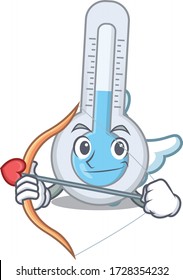 Cold thermometer in cupid cartoon character with arrow and wings