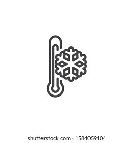 Cold thermometer line icon. linear style sign for mobile concept and web design. Mercury thermometer and snowflake outline vector icon. Cooling system symbol, logo illustration. Vector graphics