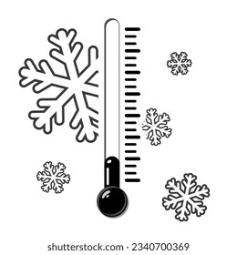 Termómetro frío con copos de nieve en blanco y negro. Meteorología de termómetros meteorológicos de temperatura, icono de vector plano del dispositivo termostato de control temporal. Termómetros médicos