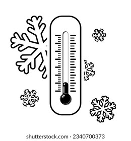 Termómetro frío con copos de nieve en blanco y negro. Meteorología de termómetros meteorológicos de temperatura, icono de vector plano del dispositivo termostato de control temporal. Termómetros médicos