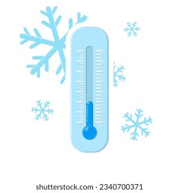 Cold thermometer with a snowflakes. Temperature weather thermometers meteorology, temp control thermostat device flat vector icon. Medical thermometers