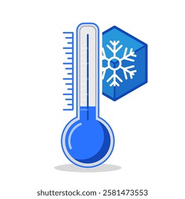 Cold thermometer with a snowflakes. Temperature weather thermometers meteorology, temp control thermostat device flat vector icon. Medical thermometers