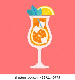 Cold tropical drink with ice cubes and straw. Mint cocktail in glass on a stem. Alcohol drink with orange and lemon. Vector flat illustration with texture. Bright orange beveridge