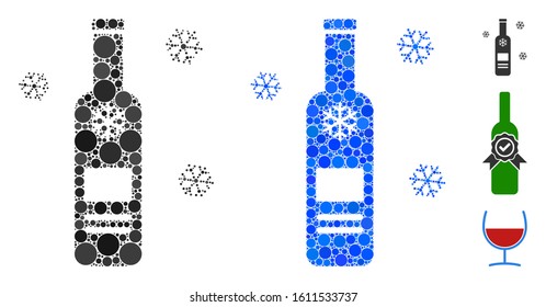 Cold vodka bottle mosaic of circle elements in different sizes and color tints, based on cold vodka bottle icon. Vector circle elements are united into blue mosaic.