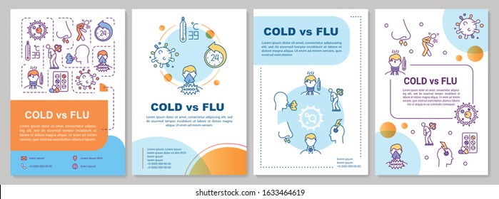 Cold vs flu brochure template. Respiratory disease symptoms. Flyer, booklet, leaflet print, cover design with linear icons. Vector layouts for magazines, annual reports, advertising posters