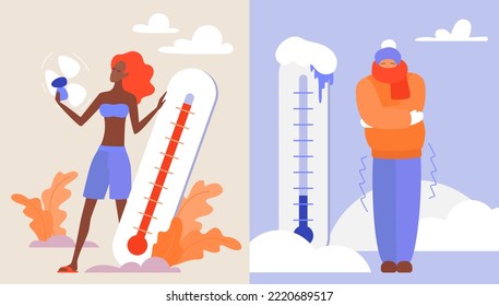 Cold vs hot extreme weather vector illustration. Cartoon girl in summer clothing holding fan and high temperature thermometer, person in warm clothes freezing and shivering in winter snow background