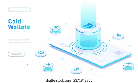 Pancarta blanca de la cartera fría. Criptodivisa y tecnología blockchain. Moneda de Bitcoin en la pantalla del smartphone. Invertir y comerciar. Diseño de página de inicio. Isometric vector ilustración