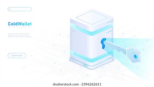 Cold wallet white poster. Safety and protection of personal information. Cryptocurrency and investing. Landing page design. Cartoon isometric vector illustration isolated on white background