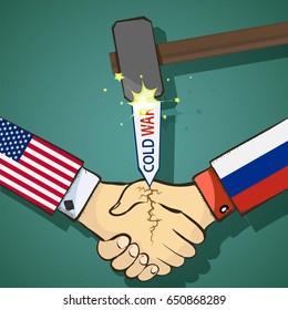 Cold War Between The USA And Russia. Handshake Of Two People. Stock Vector Flat Graphic Illustration.