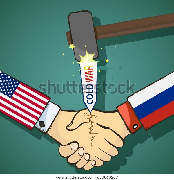 Cold war between the\
USA and Russia. Handshake of two people. Stock vector flat graphic\
illustration.
