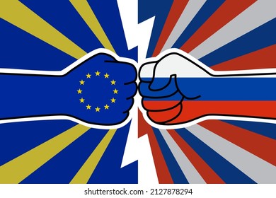 Cold war of the EU and russia. EU flag fist vs russian flag fist. European union sanctions. European russian military confrontation. Vector flat icon for web banner, posts