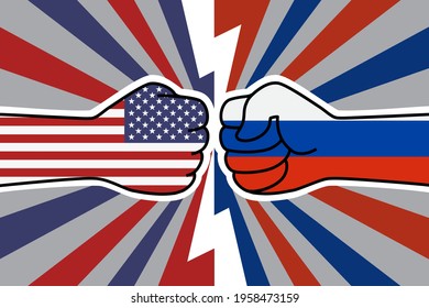 Cold War Of The USA And Russia. US Flag Fist Vs Russian Flag Fist. American Russian Military Confrontation. Vector Flat Icon For Web Banner, Posts