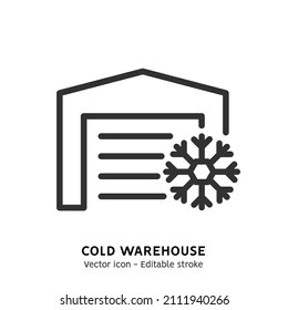 Cold warehouse line icon. Warehouse type pictogram. Warehouse with fridge and refrigerator, global logistic industry, delivery service frozen product flat outline icon. Editable stroke