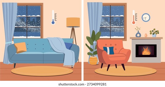 Cold and Warm Living Room Interior Comparison, Home Heating and Comfort Concept. Flat style cartoon vector illustration. 