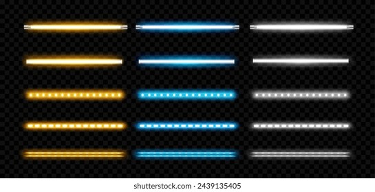 Cold and warm, neutral neon light illumination effects. Vector isolated set of lamps with bulbs and beams, decoration for home, interior design. Diodes and fluorescent glowing for house