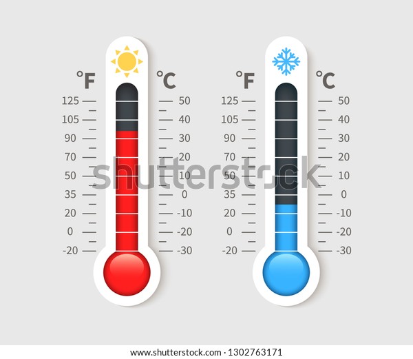 Cold warm thermometer. Temperature weather
thermometers with celsius and fahrenheit scale. Thermostat
meteorology vector isolated
icon
