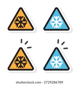 Señal de advertencia de frío aislado sobre fondo blanco. Copo de nieve en señal de advertencia triangular.