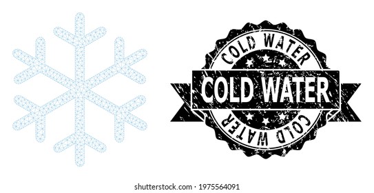 Cold Water corroded seal and vector snowflake mesh structure. Black stamp seal contains Cold Water caption inside ribbon and rosette. Abstract flat mesh snowflake, created from flat mesh.