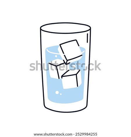 Cold water glass with ice cubes. Clear pure fresh aqua, refreshing healthy drink. Chilled cool icy beverage, summer refreshment for hydration. Flat vector illustration isolated on white background