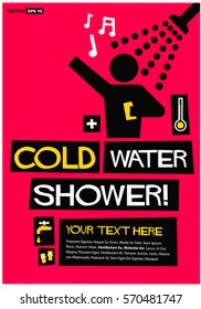 Cold Water Shower (Flat Style Vector Illustration Bath Poster Design) with Text Box Template
