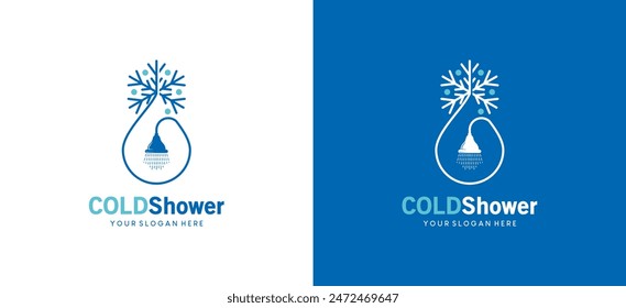 Cold water shower logo design, vector illustration of flowing shower with snowflake icon symbol