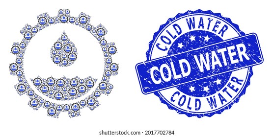 Cold Water textured round stamp seal and vector fractal collage water service. Blue stamp seal includes Cold Water title inside round shape. Vector mosaic is done of repeating water service icons.