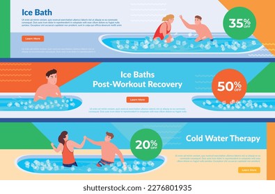 Cold water therapy ice bath body hardening procedure sale discount landing page set vector isometric illustration. Man and woman relaxing at iced swimming pool post workout recovery internet promo