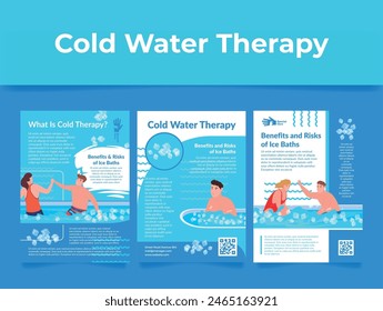 Cold water therapy ice bath benefits and risks poster set design template vector isometric illustration. Healthcare recovery procedure extreme frost swimming relaxing at cool basin and swimming pool