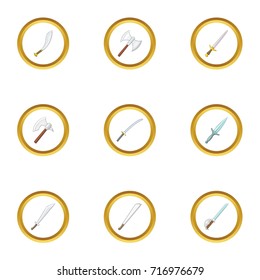 Cold weapon icons set. Cartoon style set of 9 cold weapon vector icons for web design