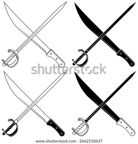 Cold weapon with metal blade, Machete and sword, swords used in fencing practice, machete for agricultural work