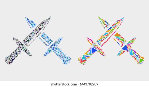Cold weapon mosaic icon of triangle elements which have variable sizes and shapes and colors. Geometric abstract vector illustration of cold weapon.