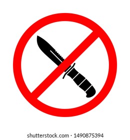 Cold weapons are prohibited icon. Knives are banned. Knife in the red prohibition sign. Isolated icon on white background. Vector illustration