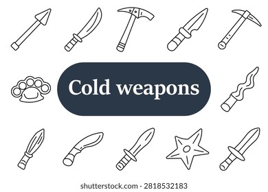 Cold weapons set icon. Arrow spear, curved sword, battle axe, dagger blade, pickaxe tool, knuckle weapon, throwing knife, short blade, combat knife, shuriken star icons.
