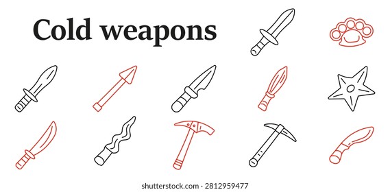 Cold weapons set icon. Dagger, spear, knife, brass knuckles, shuriken, machete, kris blade, tomahawk, pickaxe, combat equipment, martial armament collection.