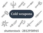 Cold weapons set icon. Straight sword, trident fork, battle axe, spear weapon, double axe, hammer tool, star shuriken, curved saber, heavy axe, long blade icons.