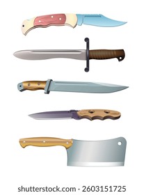 Cold weapons. Set of knives on a white background. Vector realistic illustration