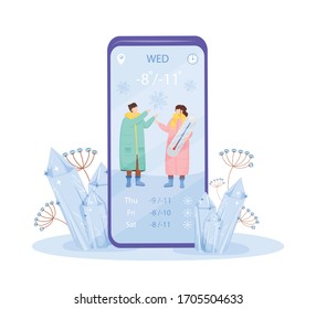 Caricatura fría en la pantalla de la aplicación vector smartphone. Hombre y mujer en abrigo bajo nevada. Pantalla de teléfono móvil con diseño de carácter plano. Interfaz telefónica de aplicación de pronóstico de invierno