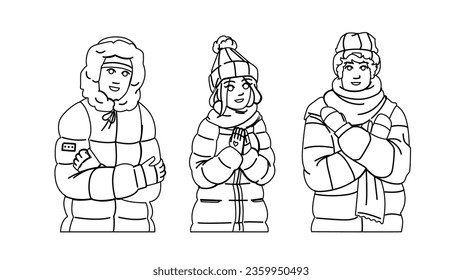 cold weather cloth vector. winter es, person outdoor, young girl, warm season, coat scarf cold weather cloth character. people black line illustration