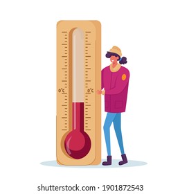 Cold Weather Concept. Freezing Female Character Wearing Warm Winter Clothes, Standing by Huge Thermometer that Shows Low Negative Degree Temperature, Wintertime Season Freeze. Cartoon Vector Illustration